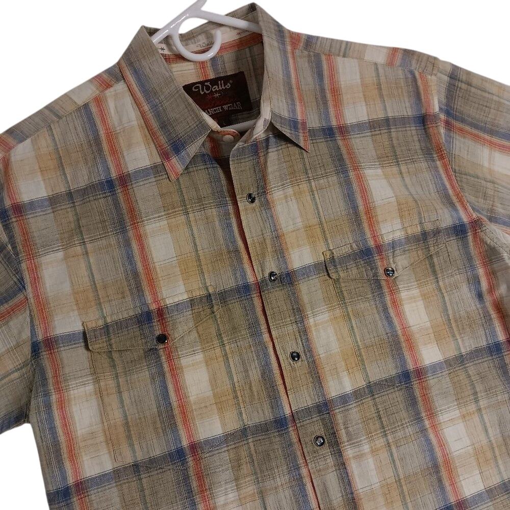 Vtg Walls Ranch Wear Western Shirt L Tan/Orange Plaid Pearl Snap‎ Short Sleeve